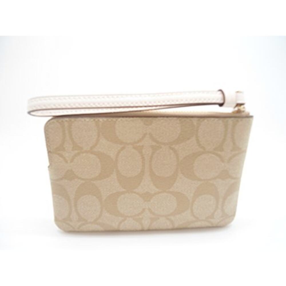 NWT Coach Signature PVC Leather Corner Zip Wristlet, Light Khaki, Chalk